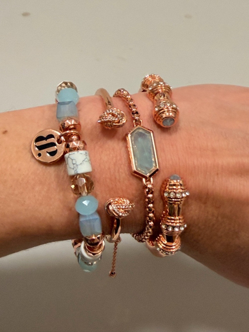 Bomb Party NWOT! Rose Gold Stackable Bracelet Set with Aqua and White Accents